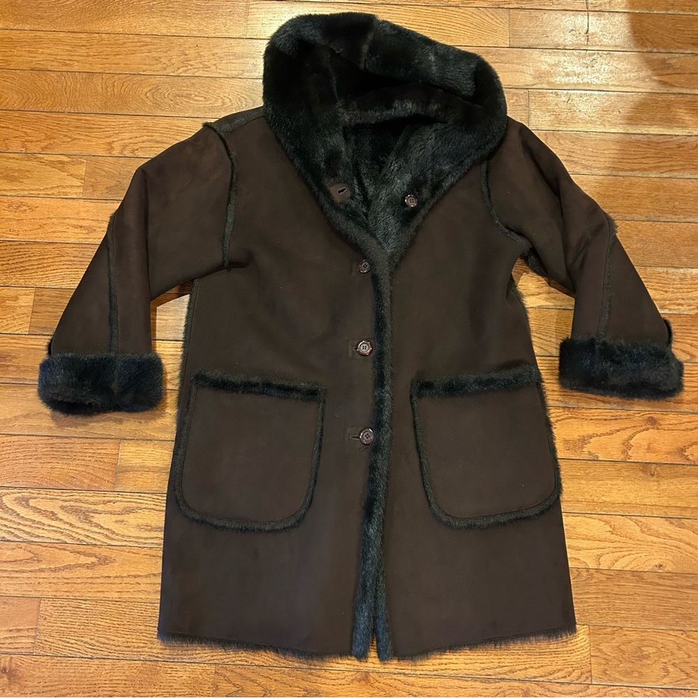 Jones New York Suede Fur Faux Hooded Winter Coat Jacket Designer Brown Large